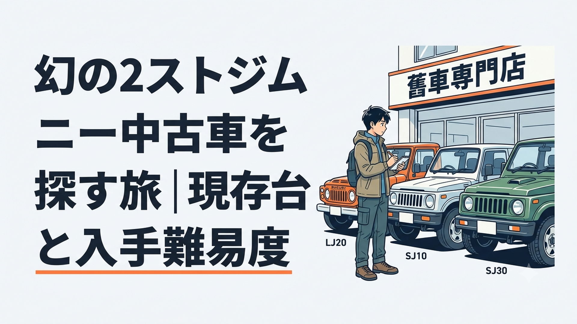 旧車専門店に並ぶLJ20とSJ10とSJ30を慎重に見比べる男性