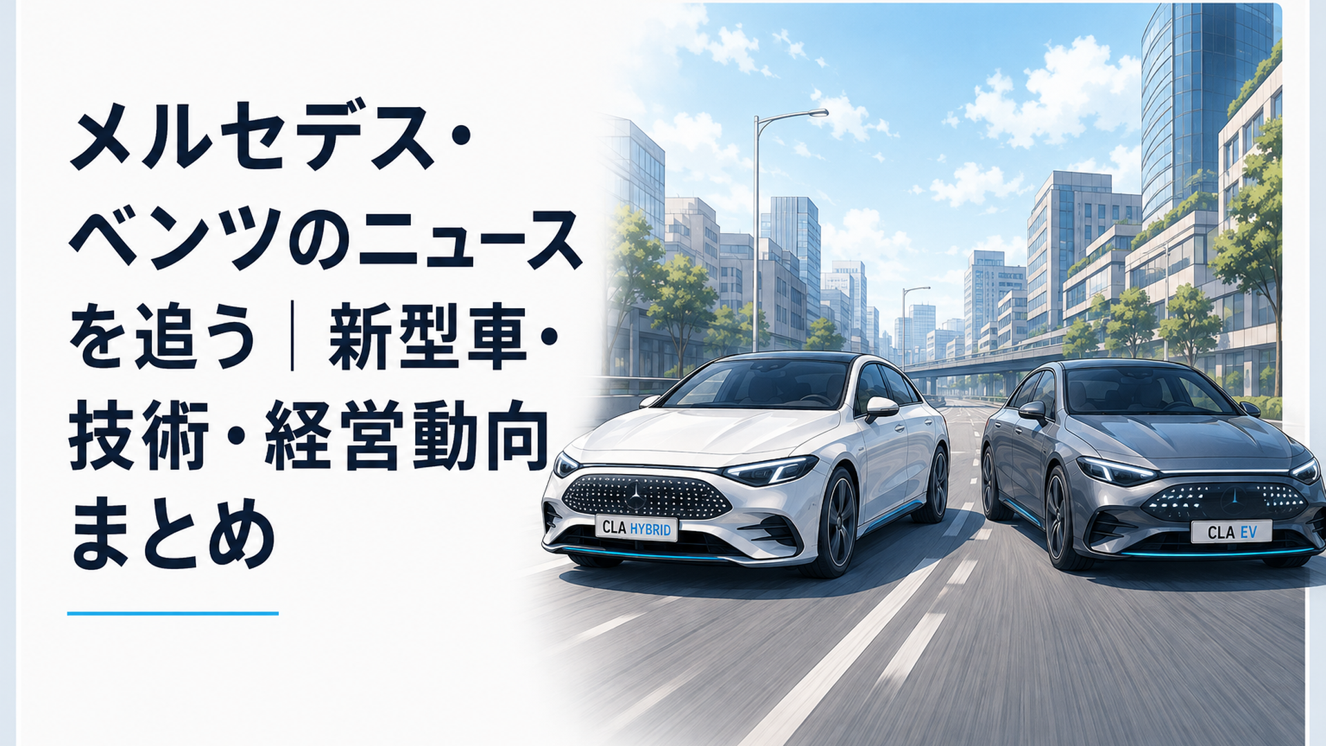 新型メルセデス・ベンツCLAのハイブリッド車とEVが都市の道路を並走する場面