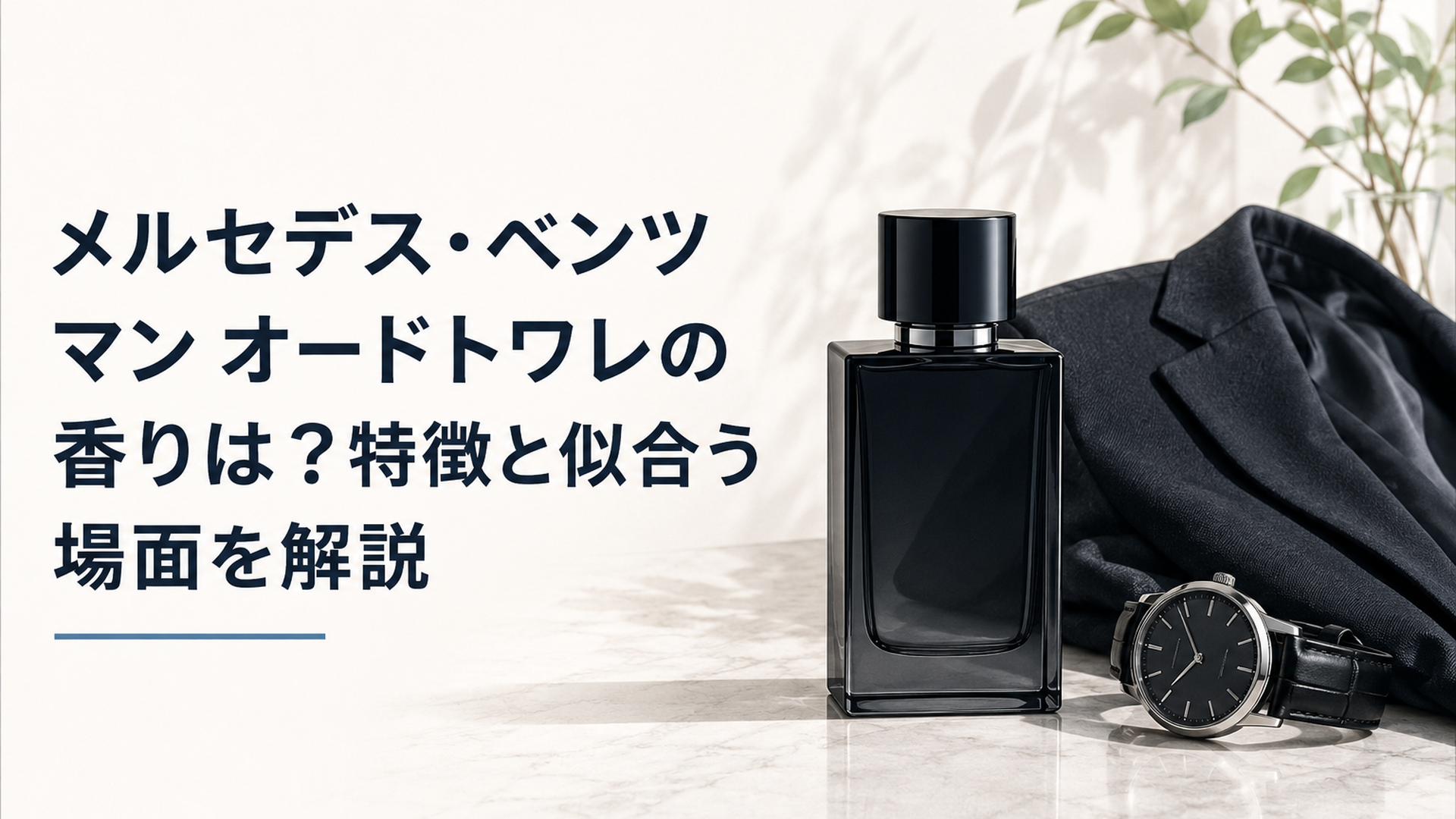 濃色のジャケットと腕時計のそばに置かれた端正な黒い香水ボトル