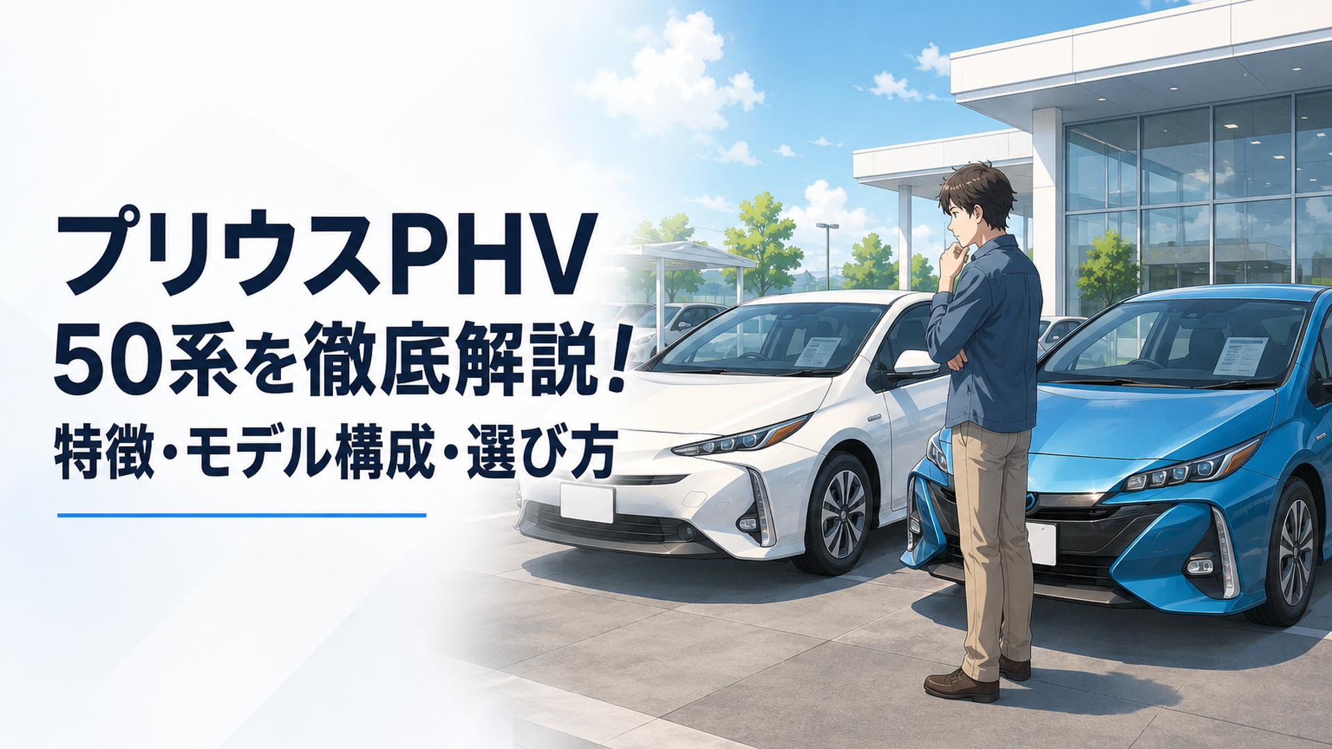 中古車販売店でプリウスPHV 50系の前期型と後期型を比較する購入検討者