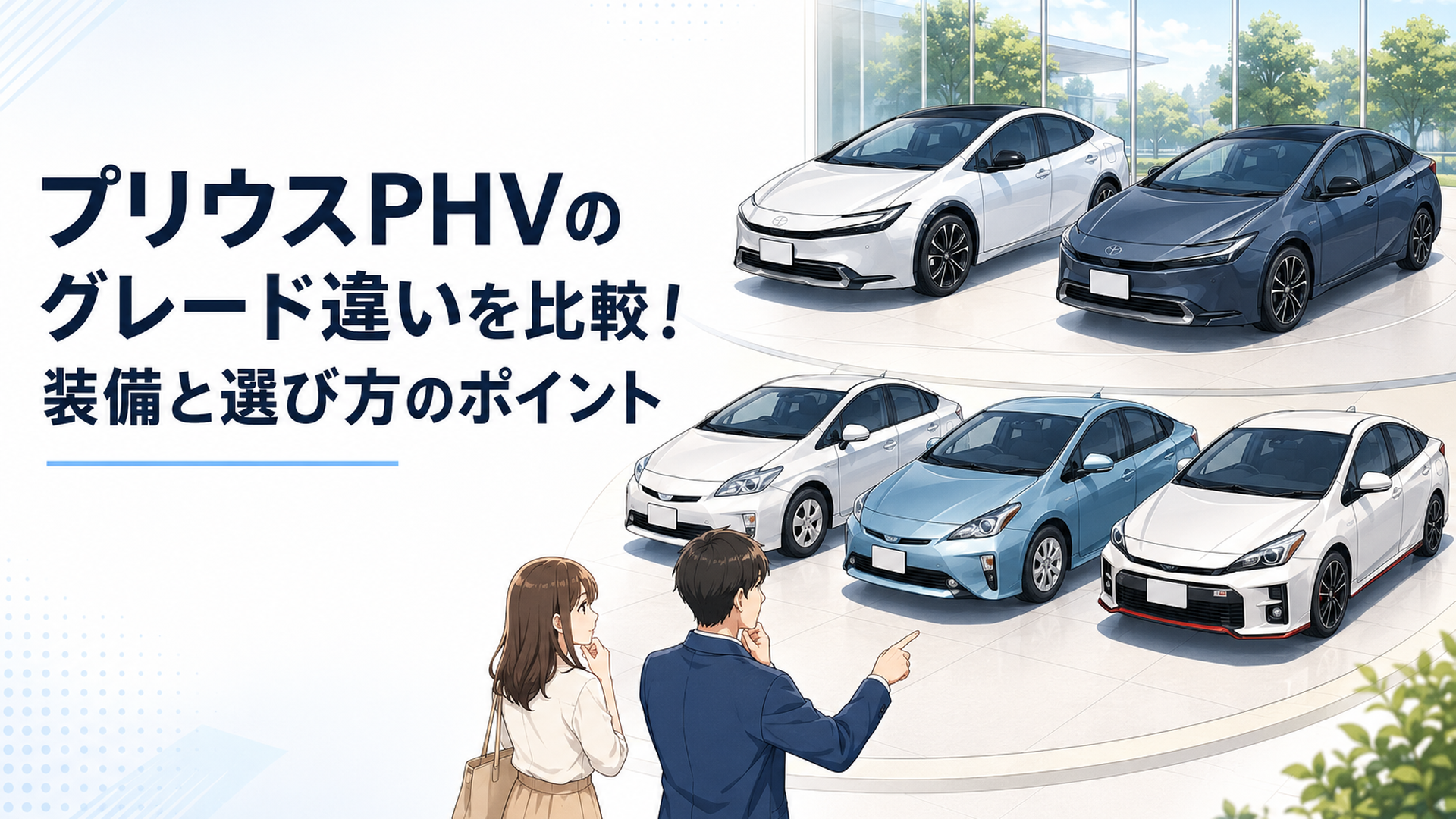現行プリウスPHEVのGとZ、50系プリウスPHVのS、A、GR SPORTを並べてグレードの違いを比較するシーン