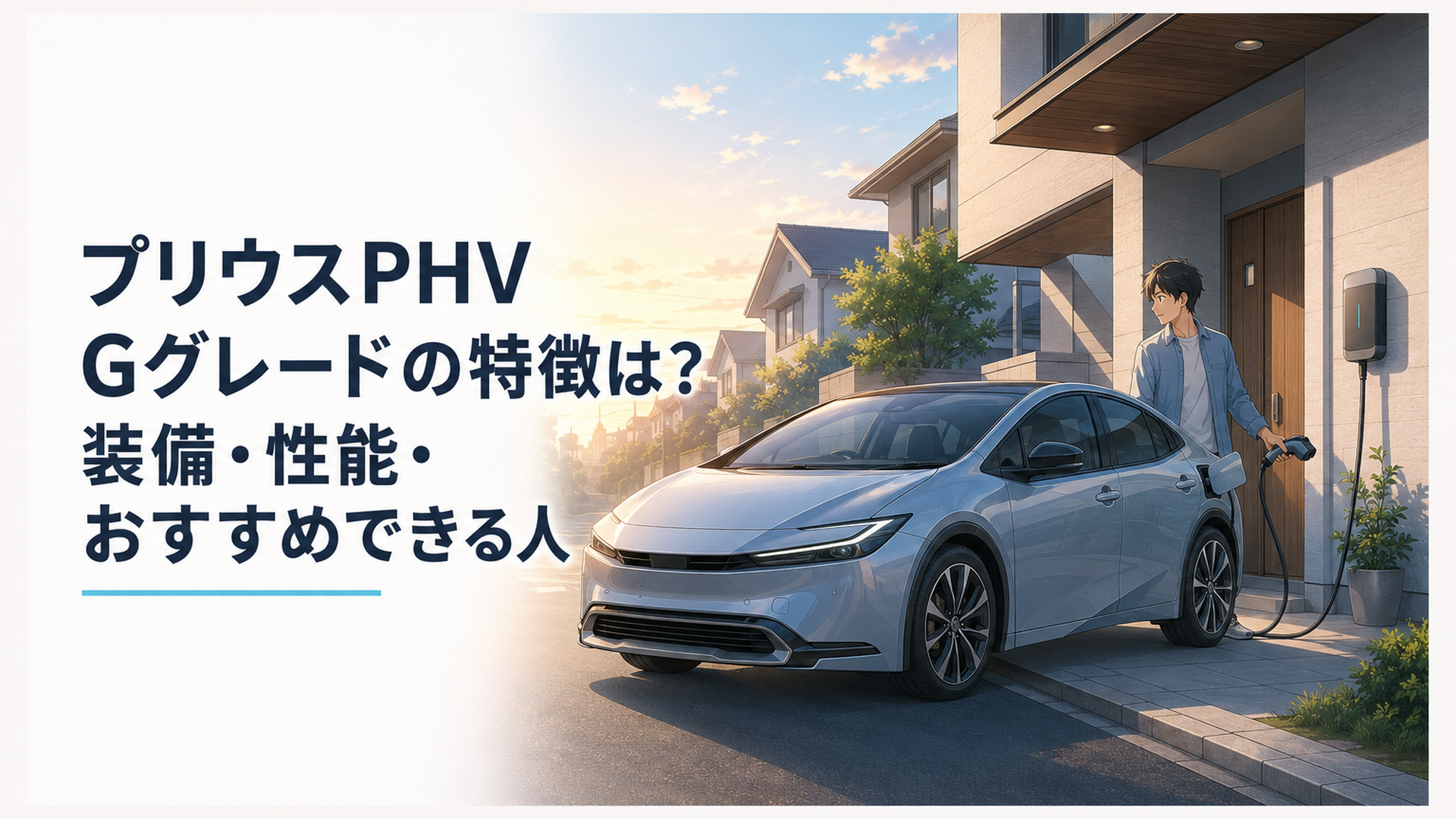 自宅の200V充電設備につながれた2026年型プリウスPHEV Gが朝の住宅街へ静かに走り出す場面