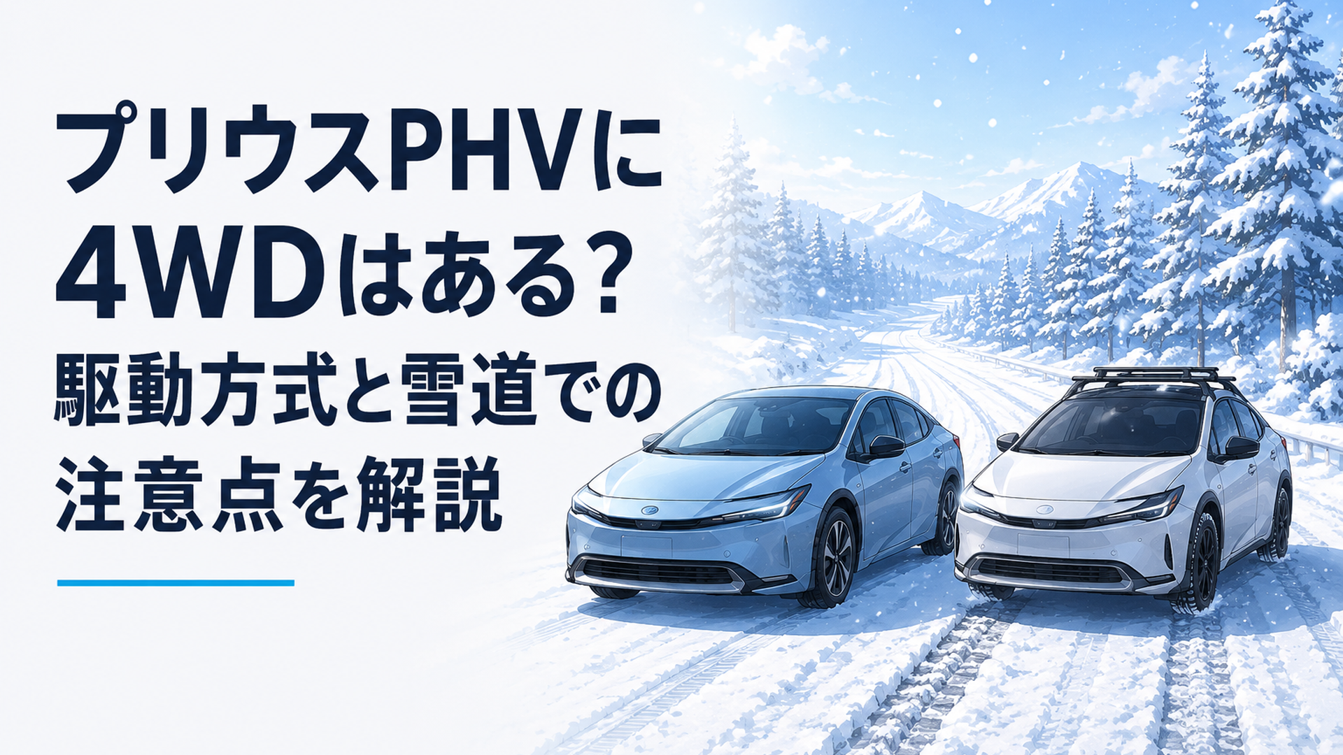 雪道に並ぶ2WDのプリウスPHEVとE-FourのプリウスHEV