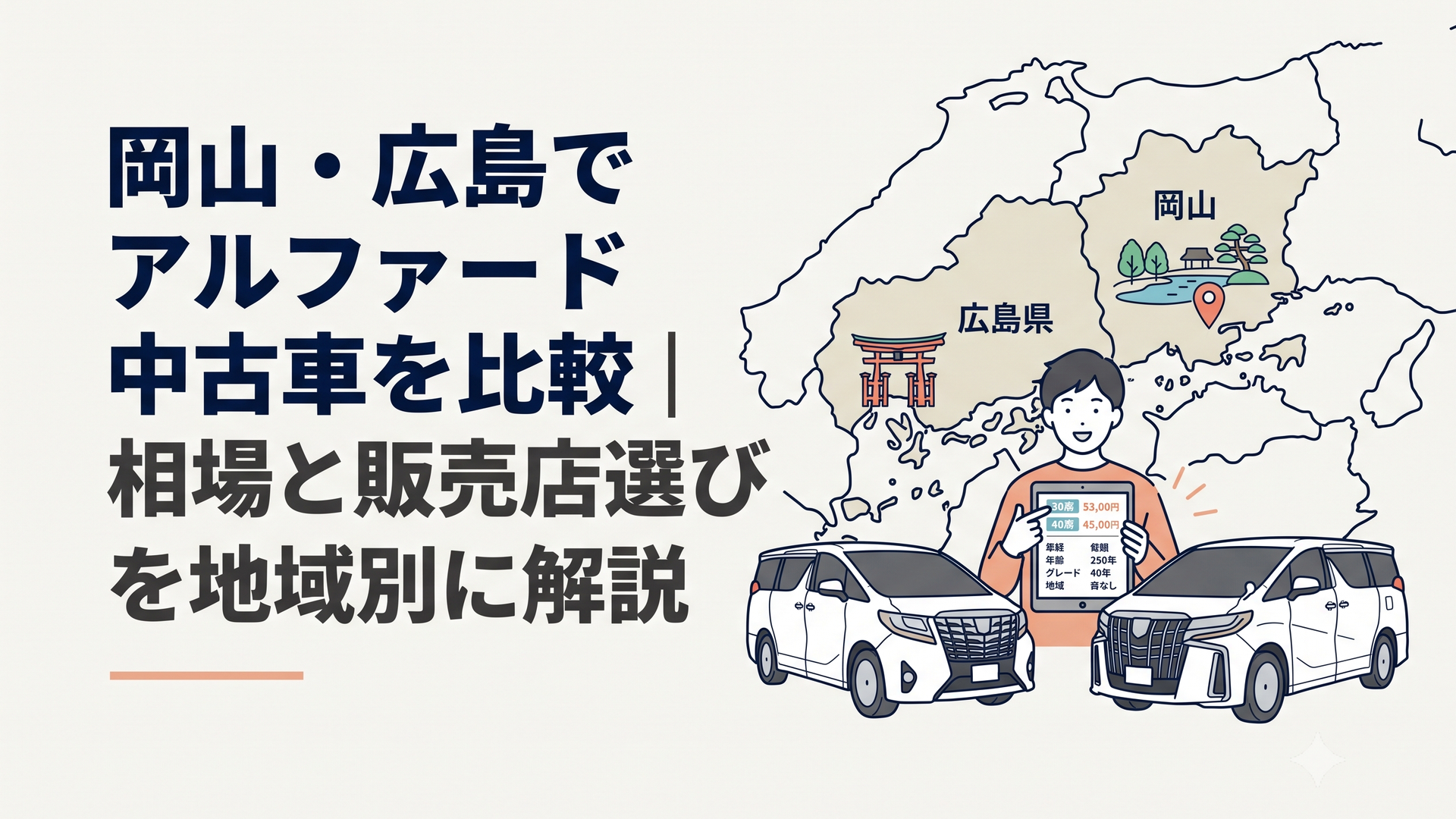 岡山と広島の地図を背景に30系と40系アルファードの中古車を比較する場面