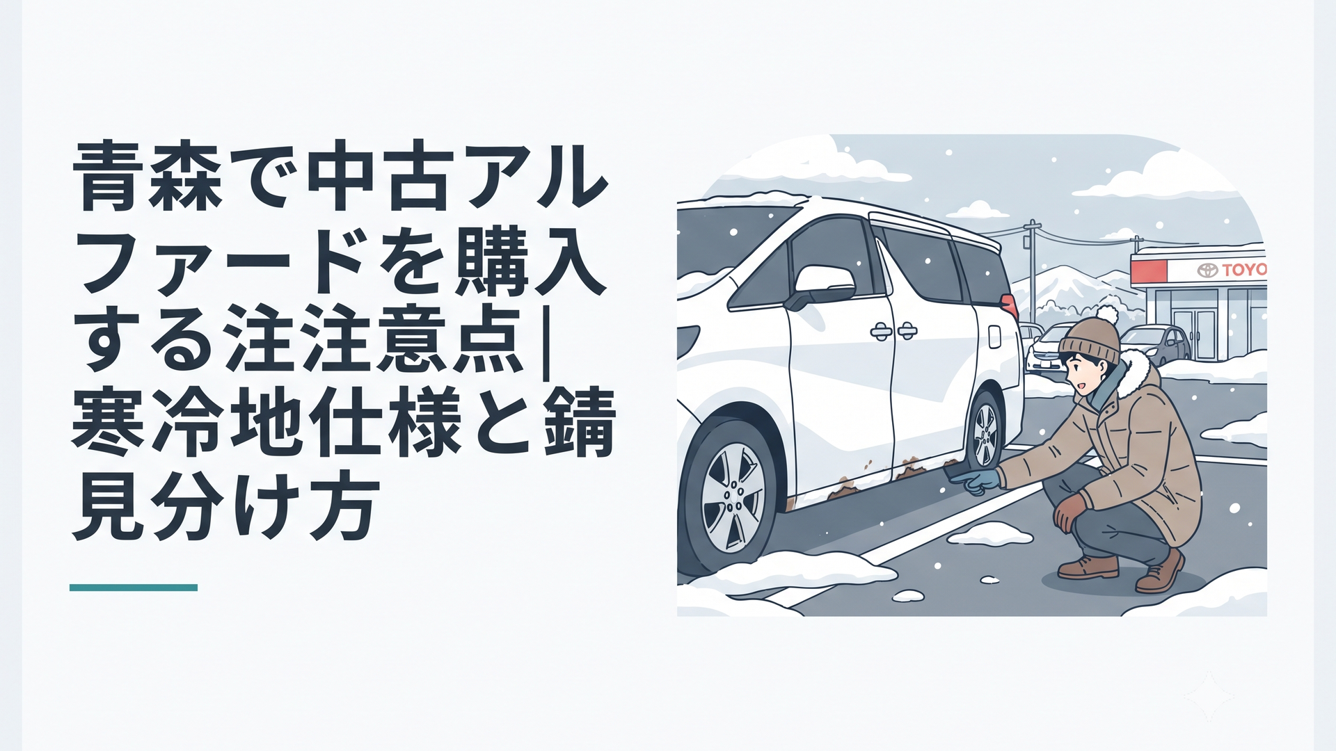 雪の残る青森の中古車販売店でアルファードの下回りを確認する購入希望者