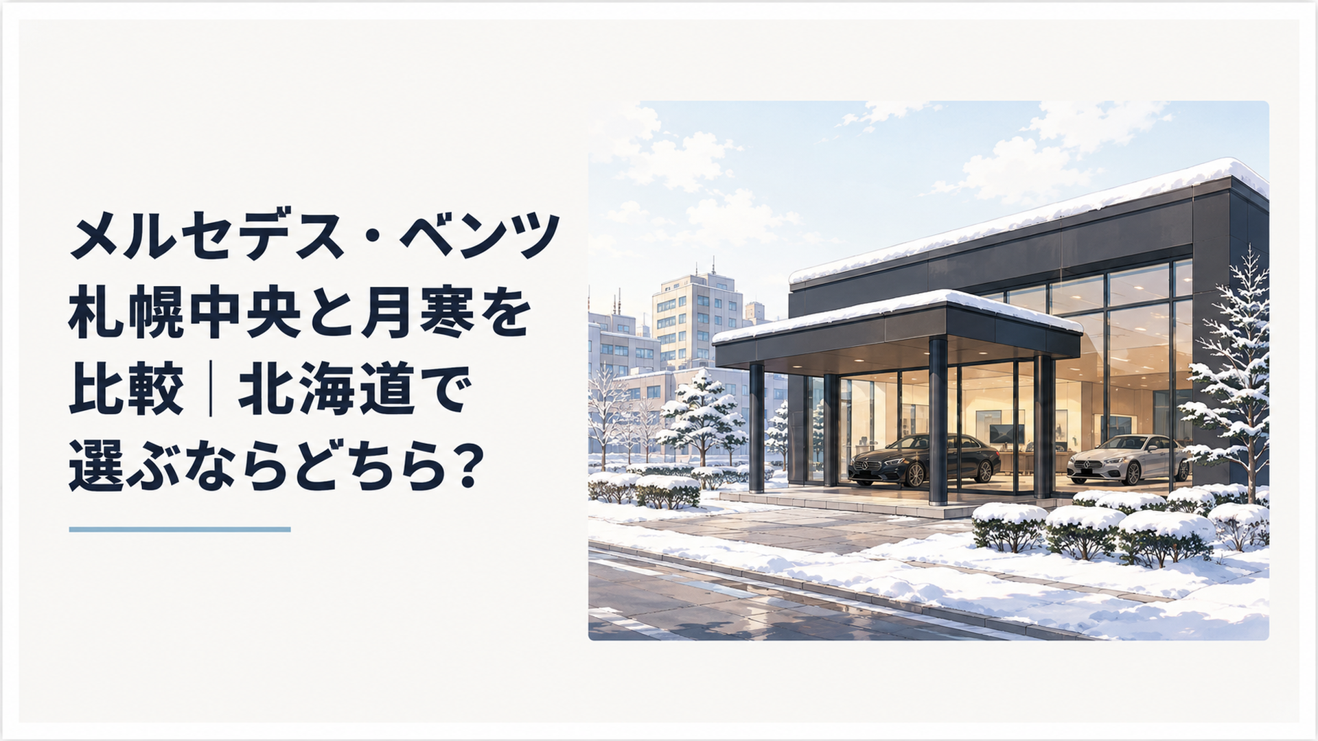 雪化粧をした札幌の街並みを背景に、静かな存在感を放つメルセデス・ベンツのショールーム外観