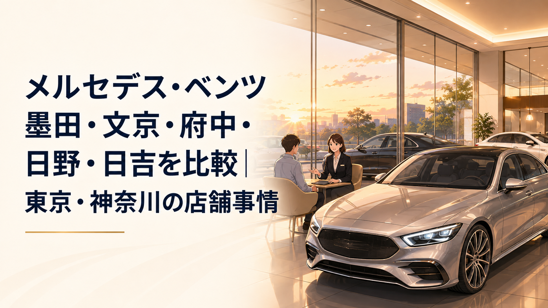 夕暮れの柔らかな光に包まれた近代的なメルセデス・ベンツのショールーム。ガラス越しに最新モデルが並び、その奥でスタッフが顧客と和やかに話している風景