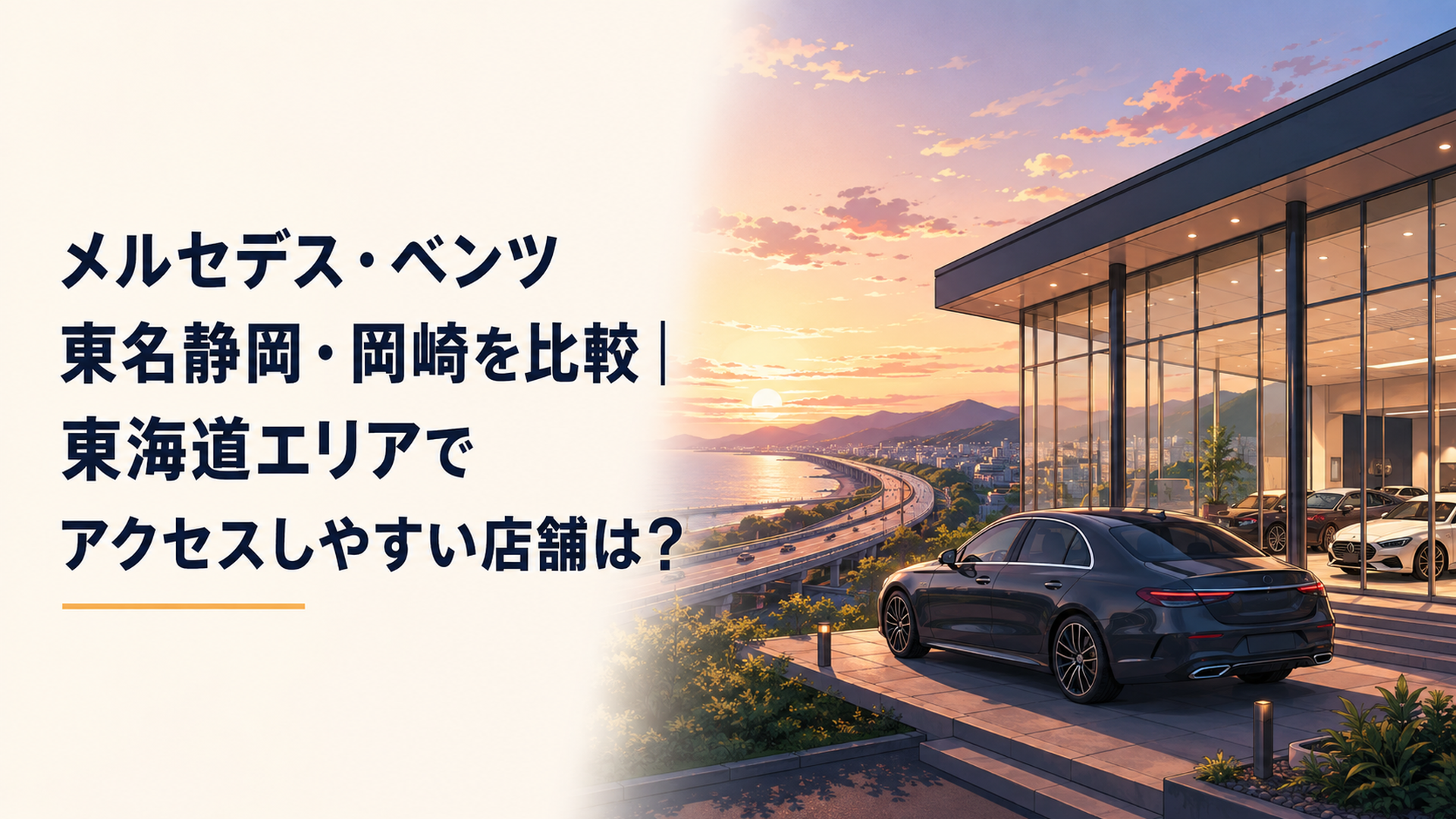 夕暮れの美しい光に包まれた東名高速道路と、洗練されたメルセデス・ベンツのガラス張りショールームの外観