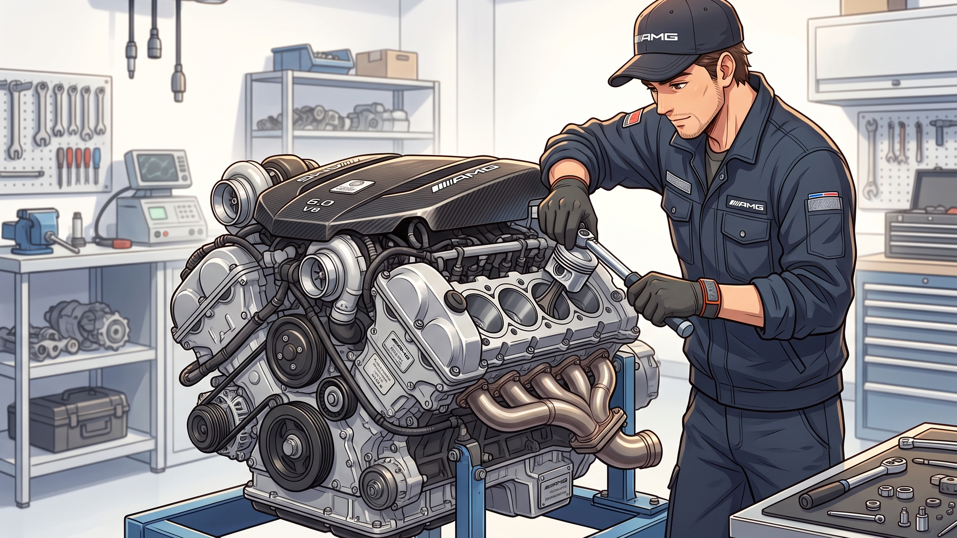 職人が手作業で組み上げるAMGの6.0L V8エンジン
