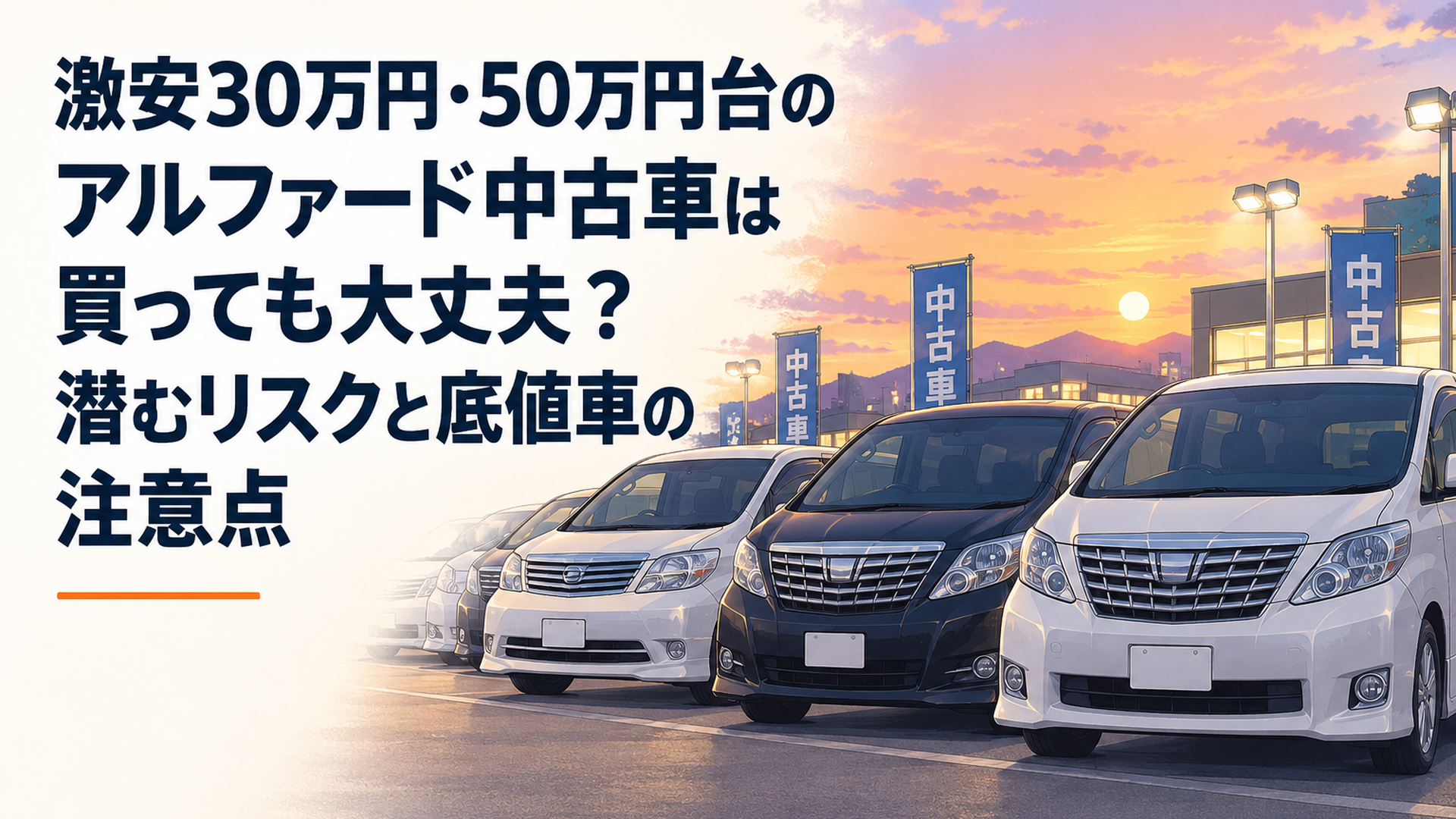 夕暮れの中古車展示場に並ぶ、10系および20系アルファードのフロントフェイス群