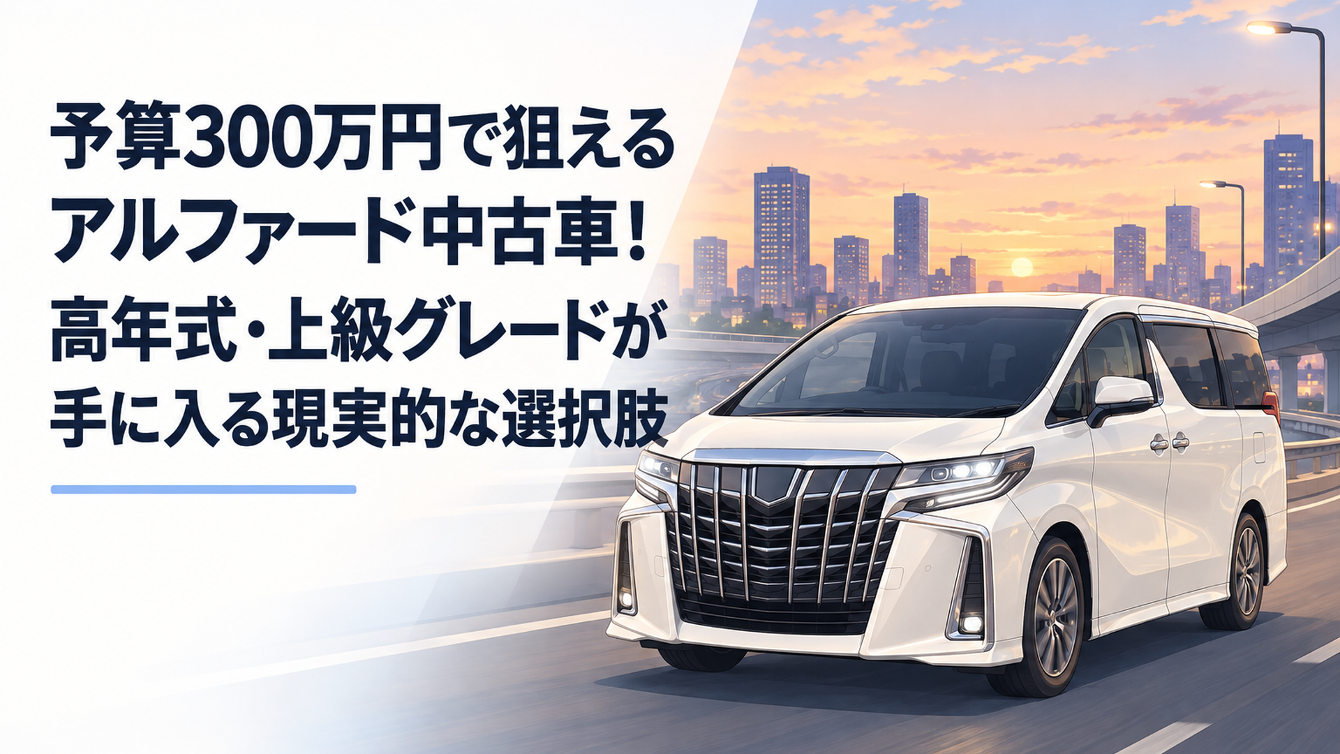 夕暮れの都市高速を背景に堂々とした佇まいを見せるパールホワイトの30系後期トヨタ・アルファード