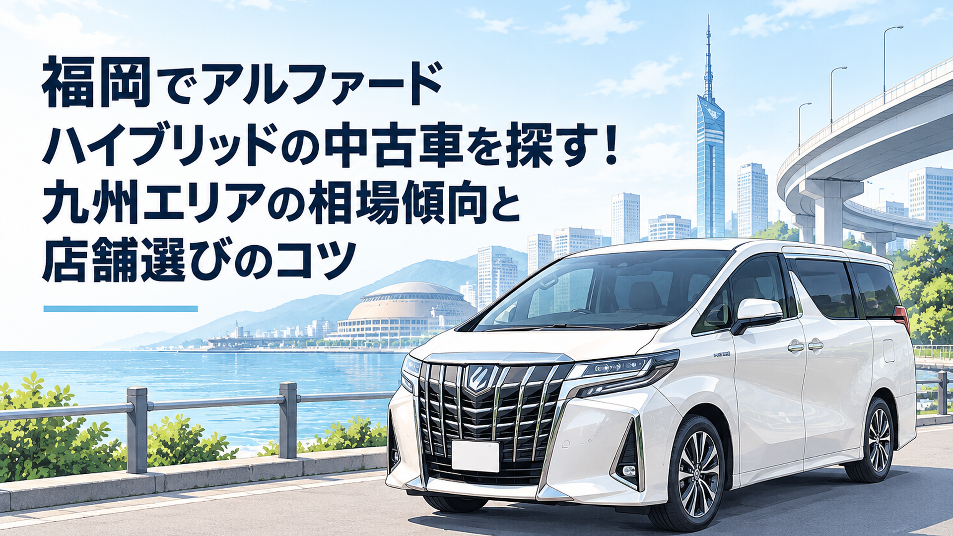 福岡の都市高速やベイエリアを背景にたたずむ上質なトヨタ・アルファードハイブリッドの中古車