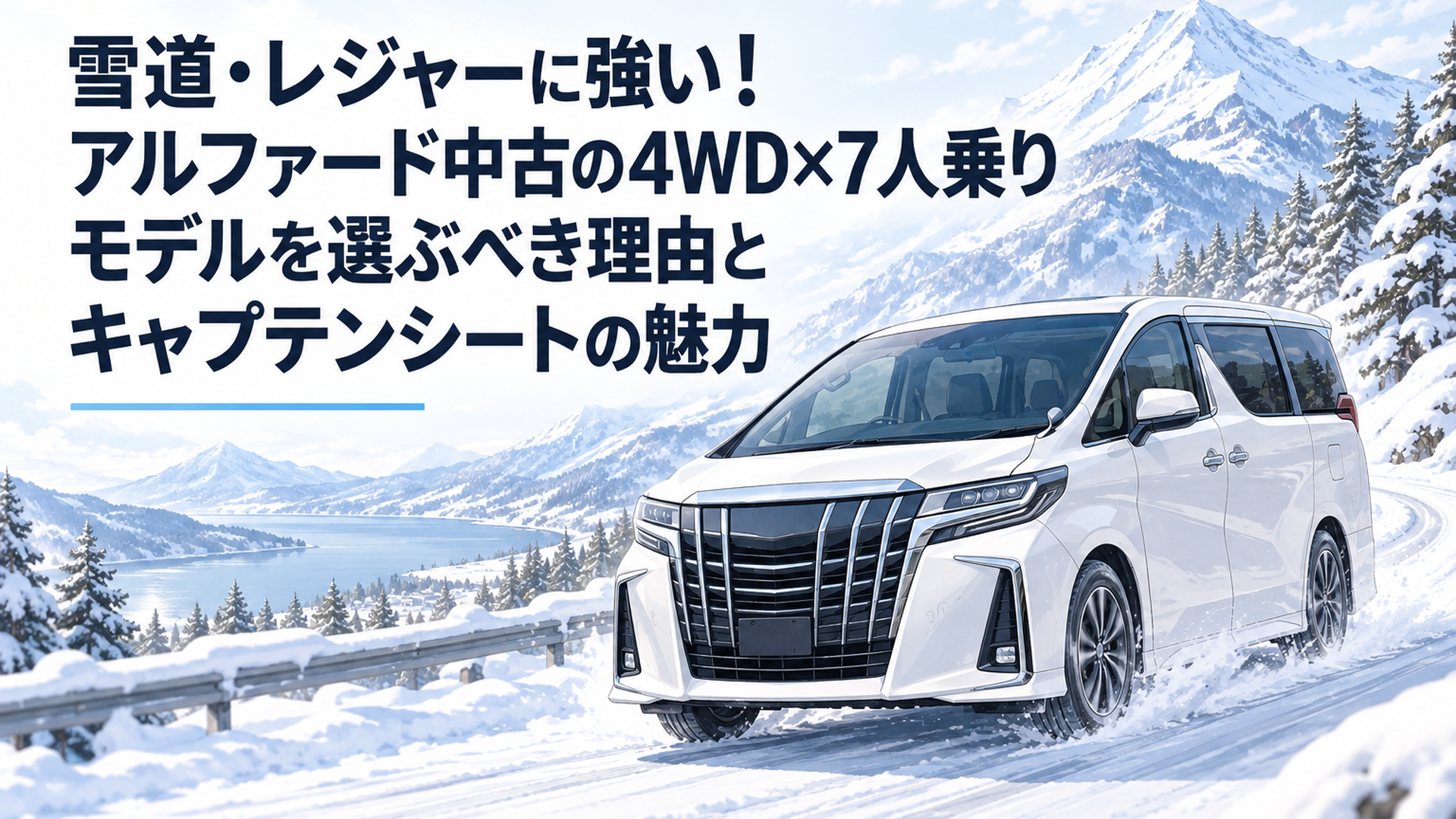雪に覆われた山道を力強く駆け抜ける白いアルファード4WD