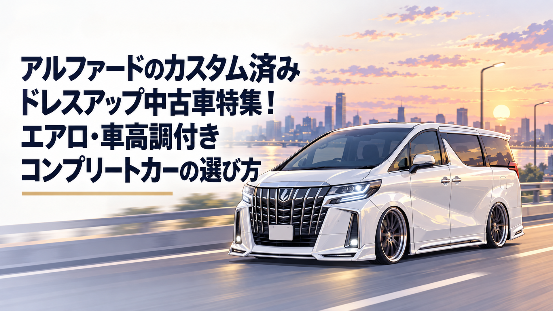 夕暮れのハイウェイをローダウンとフルエアロで滑らかに疾走するアルファードのカスタムカー