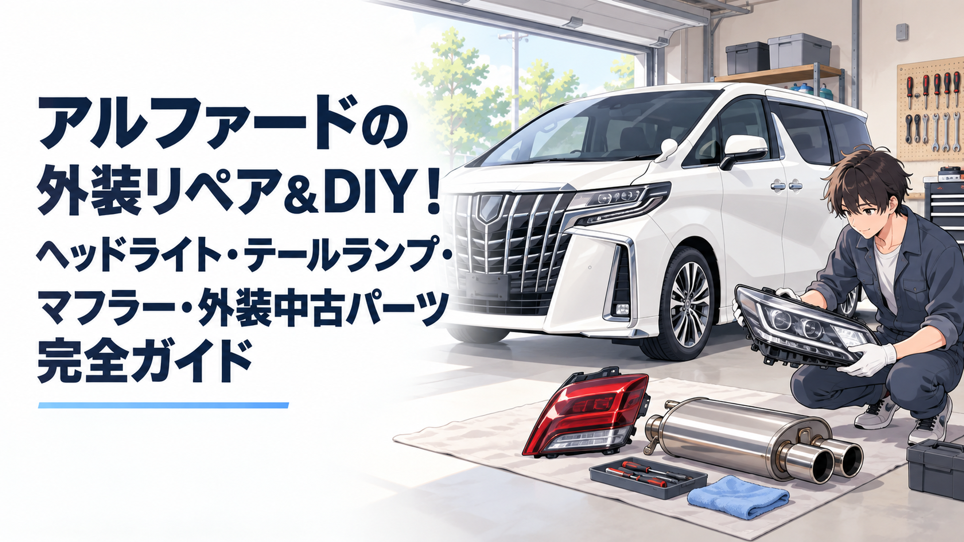 ガレージでヘッドライトやテールランプの外装パーツを前に整備の準備を進めるトヨタ・アルファード