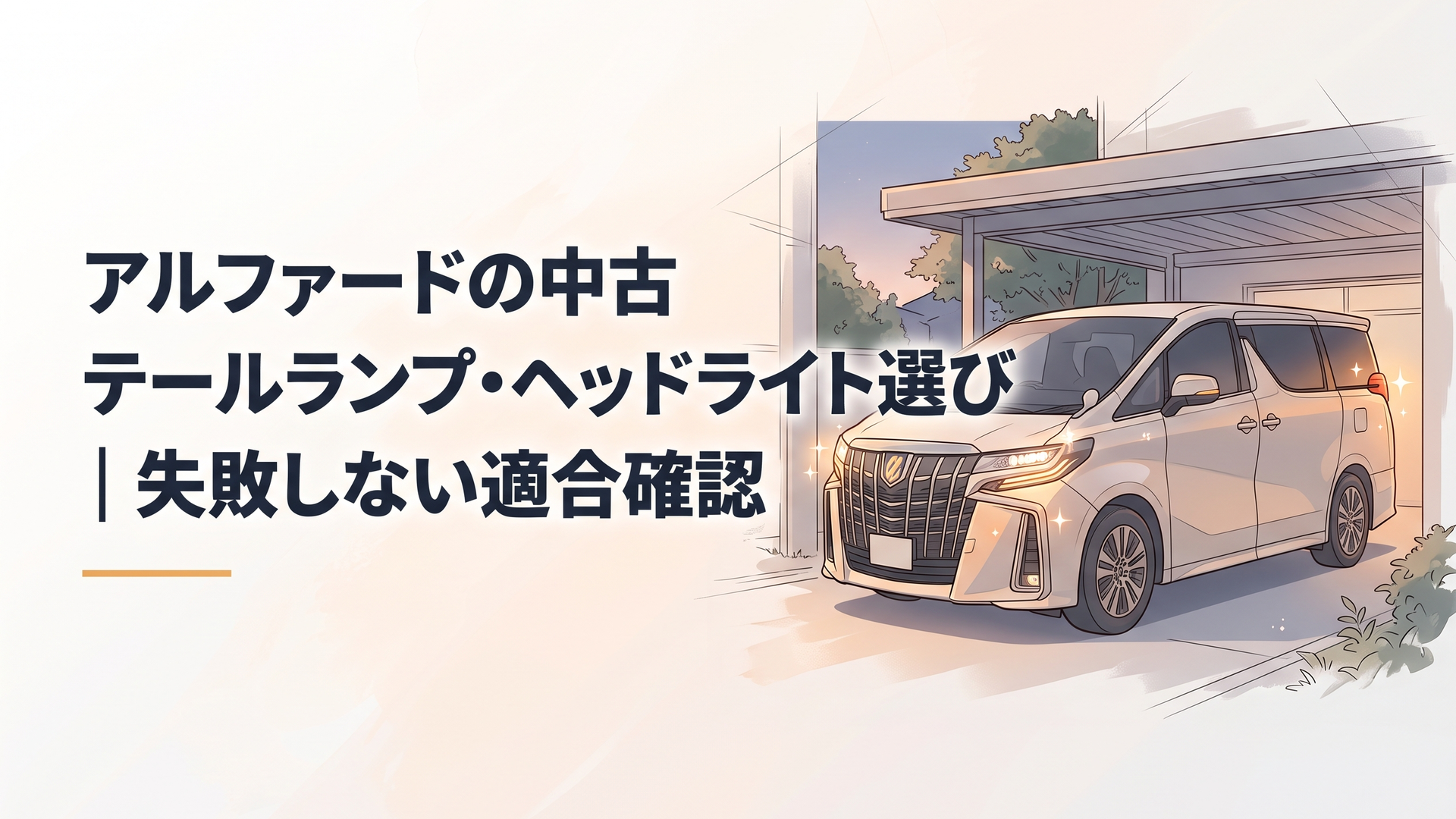 夕暮れのガレージで静かに佇むトヨタ・アルファードの精緻なヘッドライトとテールランプの光