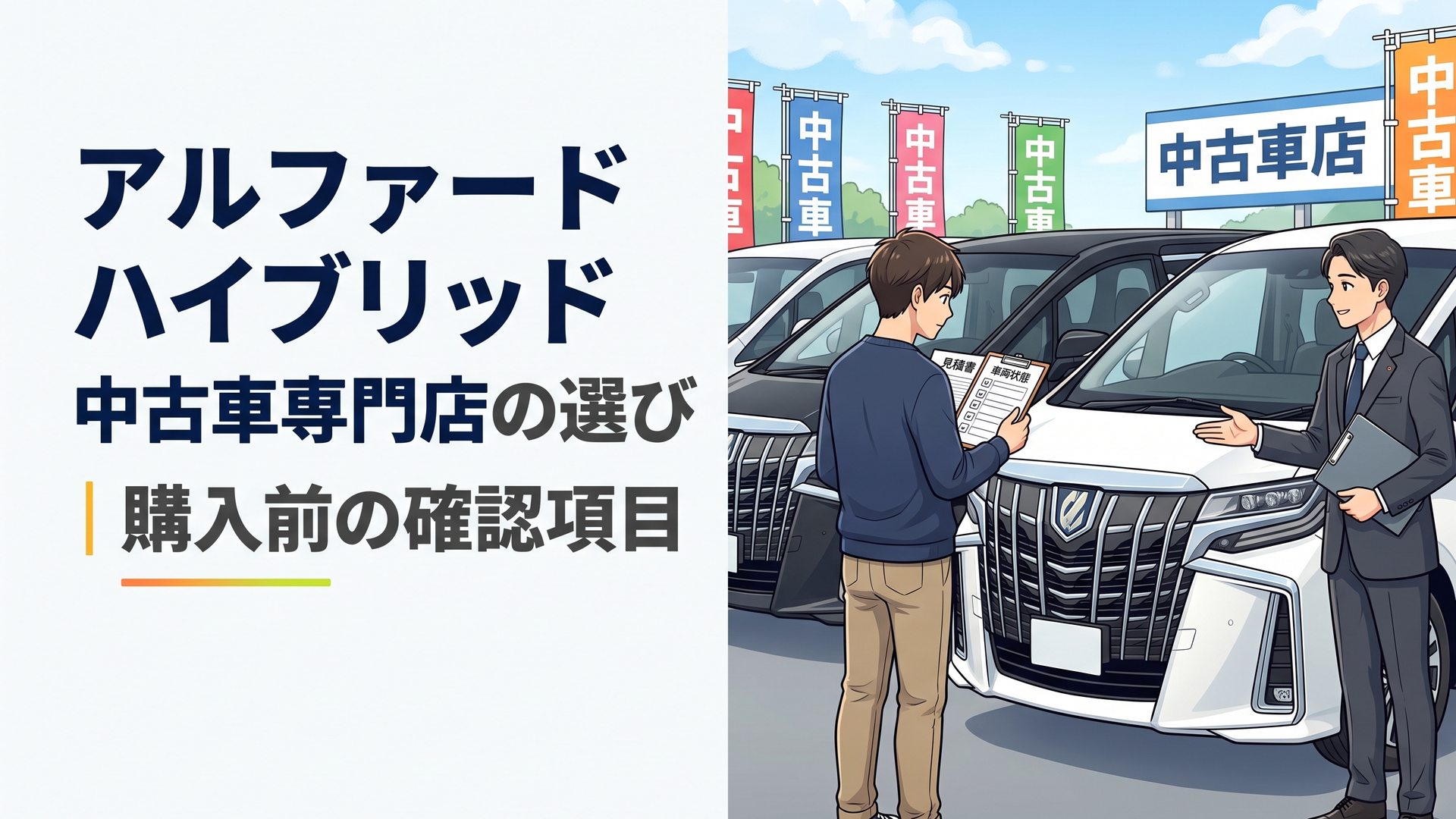 アルファードハイブリッドが複数並ぶ中古車専門店で見積書と車両状態を比較する購入希望者