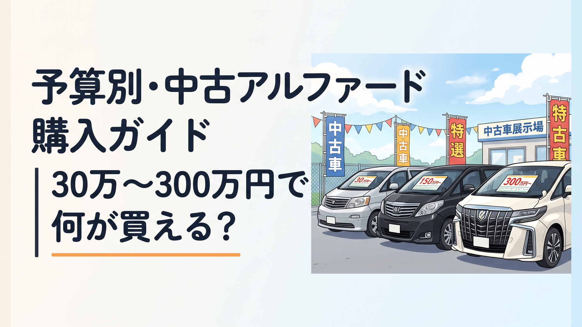 中古アルファードが10系・20系・30系と予算別に並ぶ中古車展示場