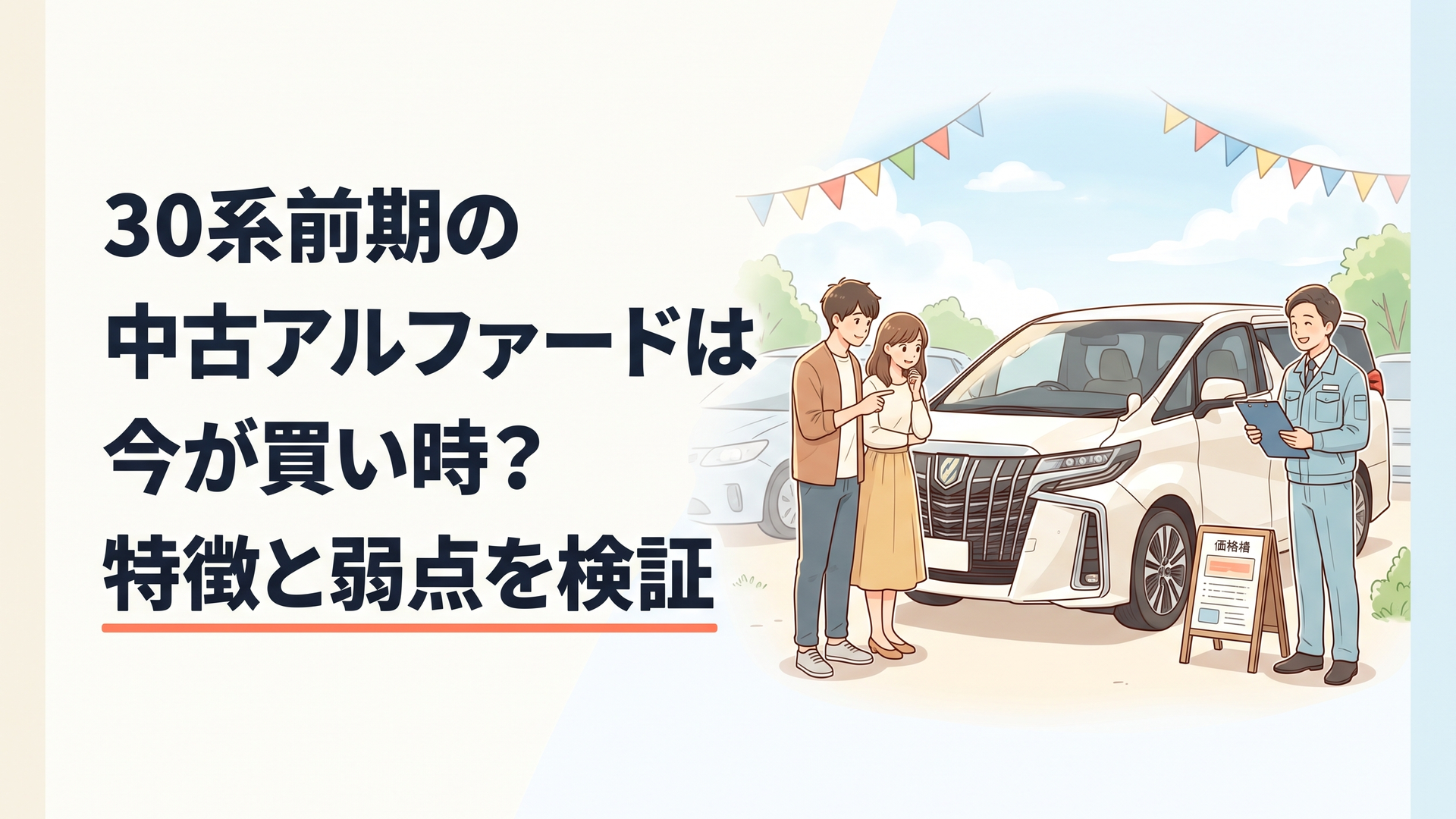 中古車販売店で30系前期アルファードの価格や整備記録を比較する購入希望者