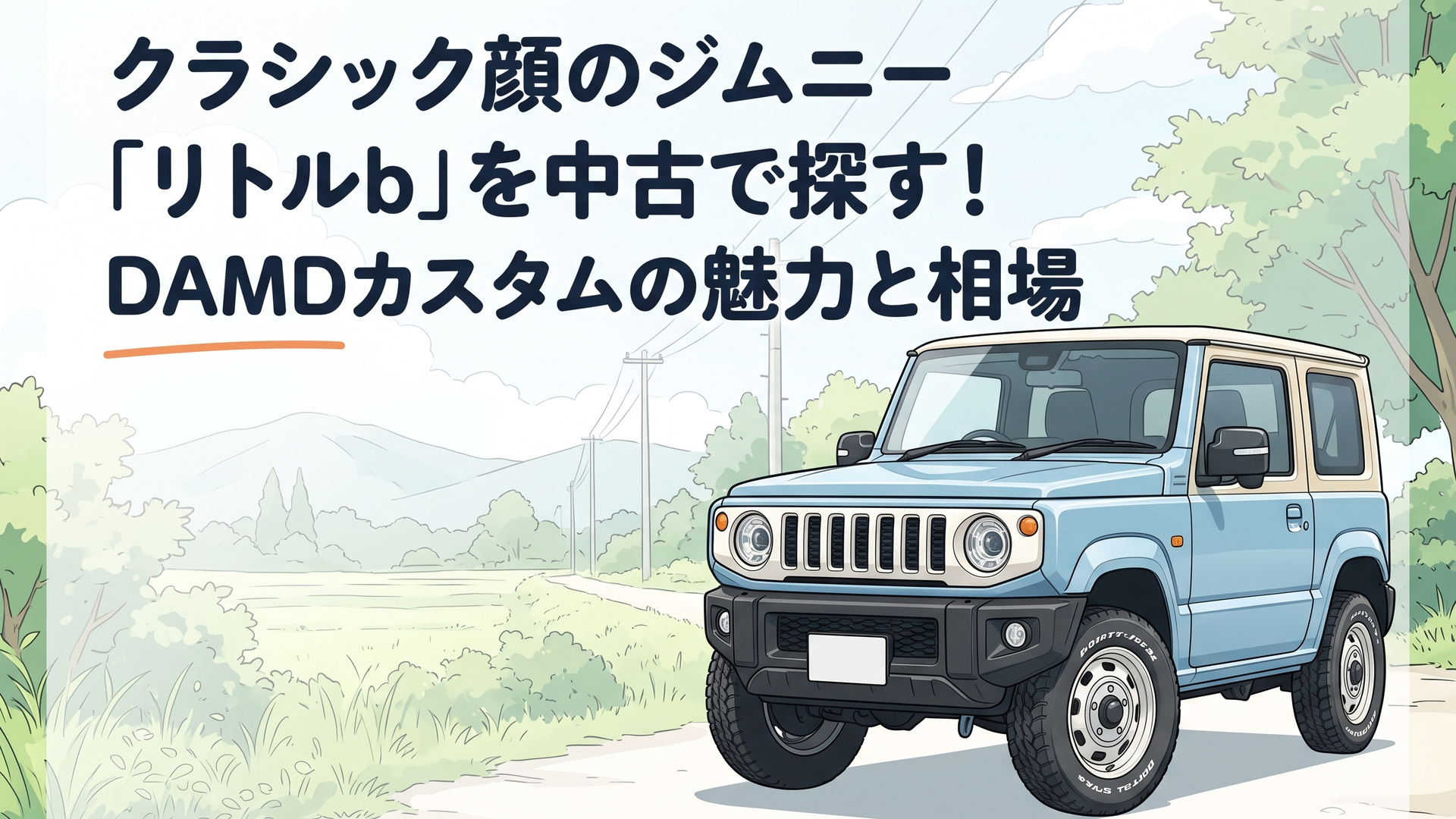 往年の名車を思わせるレトロなアイアングリルと無骨なバンパーを装着したジムニー リトルbが佇む情景