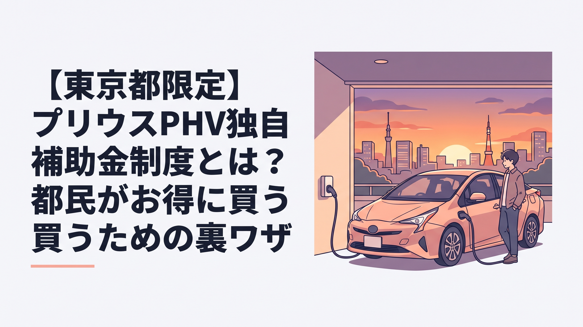 夕暮れの東京の街並みを背景に、自宅ガレージで充電ケーブルをつないだプラグインハイブリッドのプリウスと、そばに立つ運転者