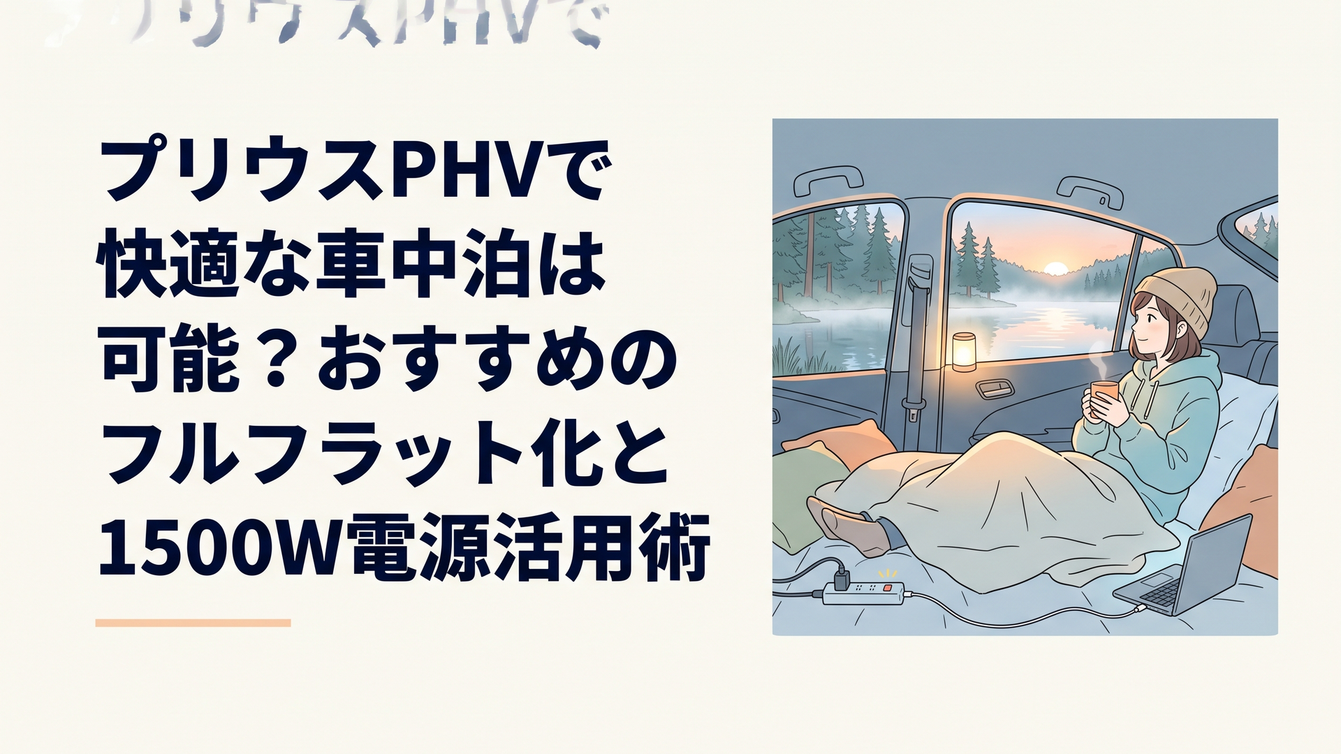 静まり返った湖畔の夜明けに佇むプリウスPHVの車内で間接照明を灯し快適なベッドスペースで寛ぐ大人のソロ車中泊