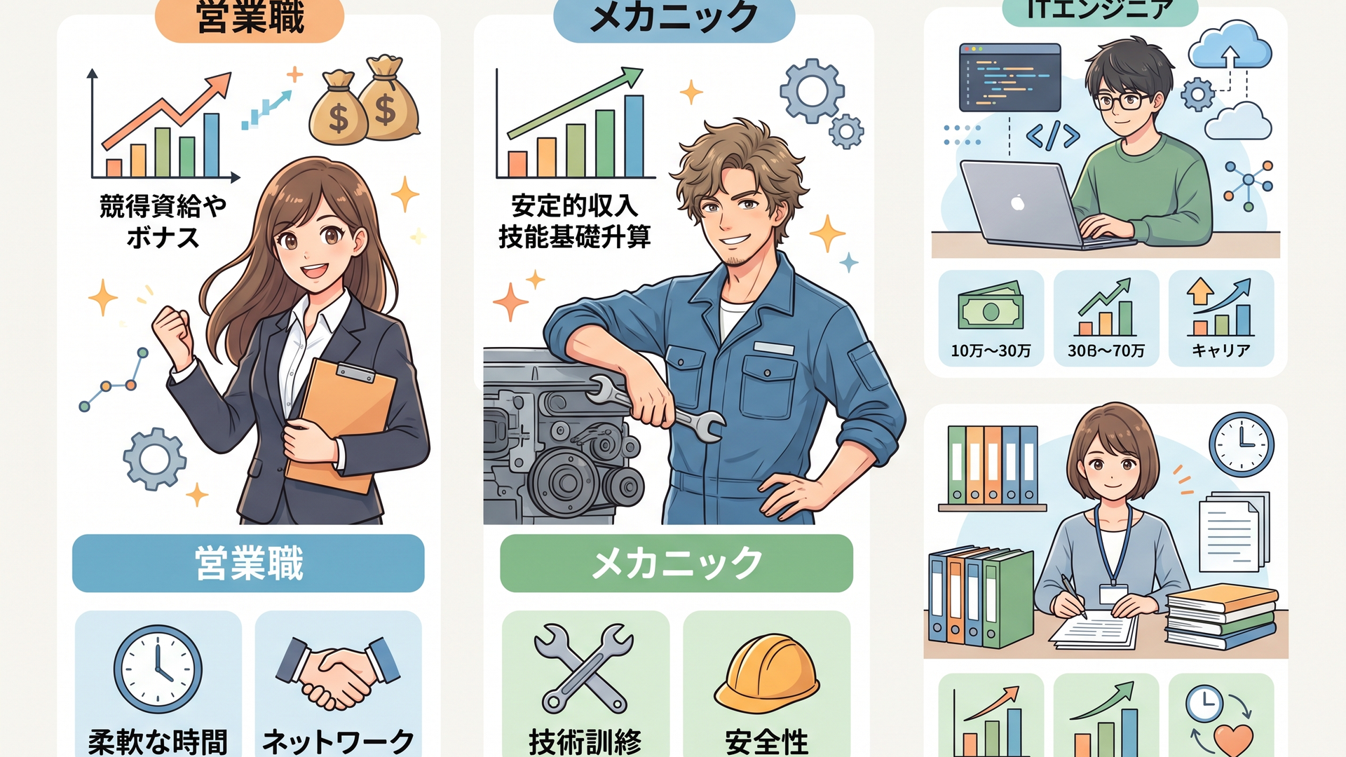 営業職やメカニックなど職種別の年収と待遇を比較する求人資料