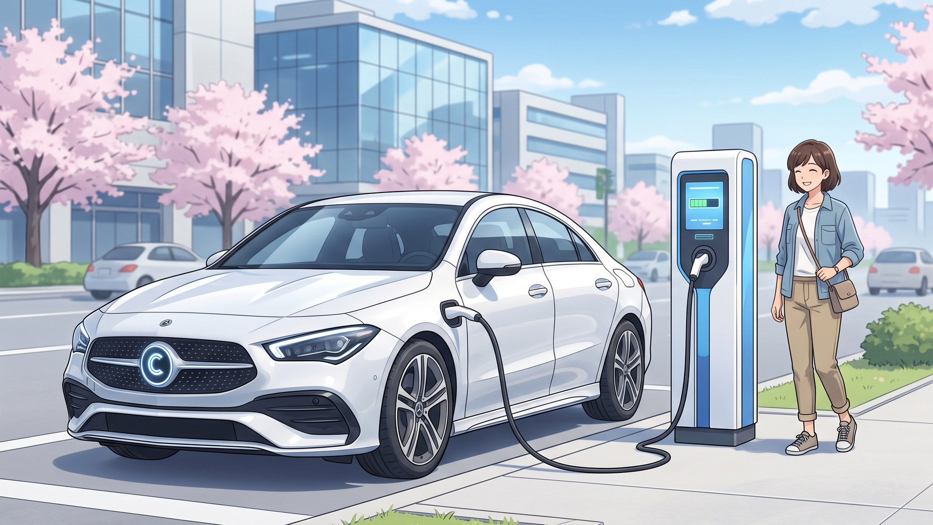 充電設備の前に停車する新型CLAの電気自動車