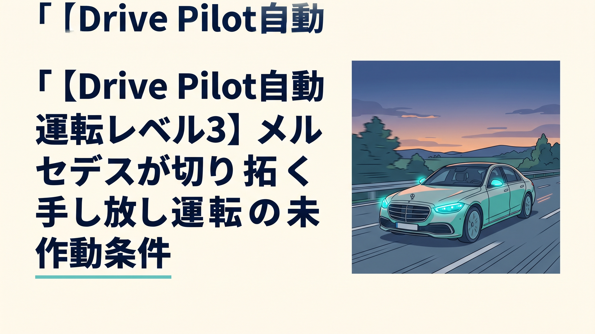 暮れなずむアウトバーンを滑らかに疾走するメルセデス・ベンツのフラッグシップセダンと、ヘッドライトやミラー周りで静かに青く澄んだ光を放つターコイズブルーのマーカーライト