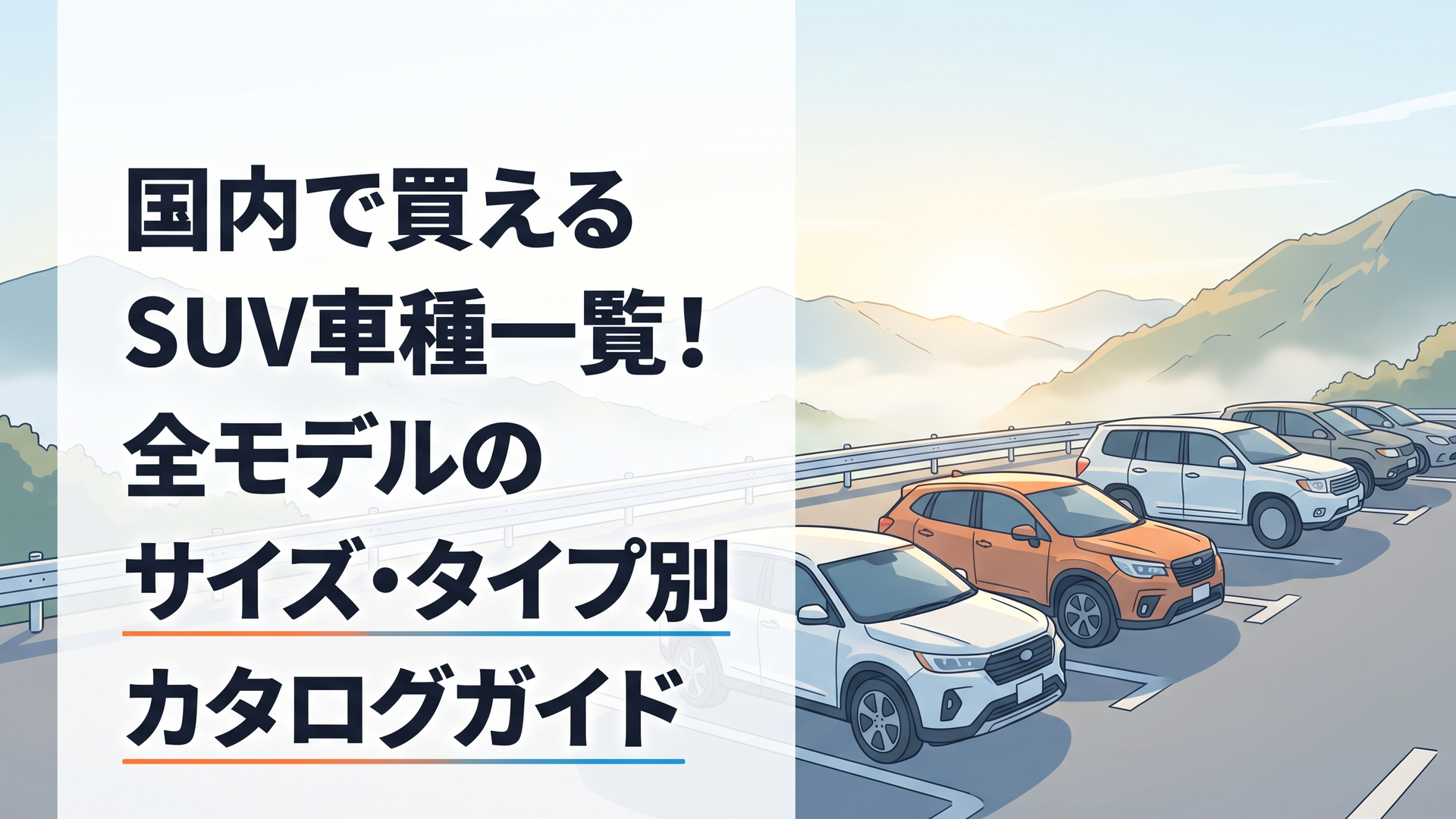 朝霧が晴れわたる山岳路のパーキングに並ぶ、コンパクトから本格クロカンまでの様々なSUV
