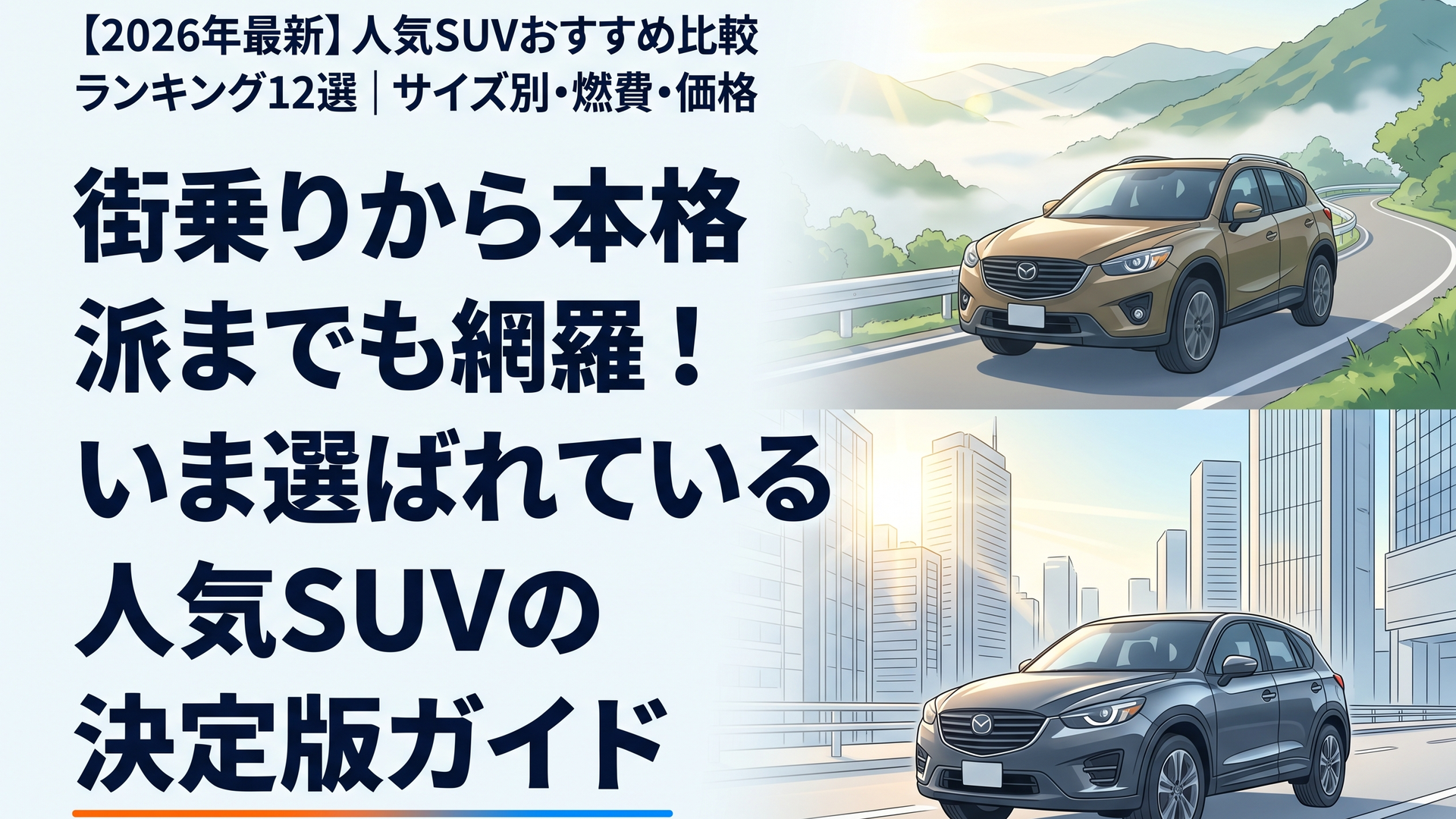 朝霧が晴れゆくワインディングロードを静かに駆け抜ける最新クロスオーバーSUVと、朝陽に輝く都会の高層ビル街をスマートに流すスタイリッシュTITLE: 【2026年最新】人気SUVおすすめ比較ランキング12選｜サイズ別・燃費・価格 [[IMG|アイキャッチ|朝靄が晴れゆくワインデ