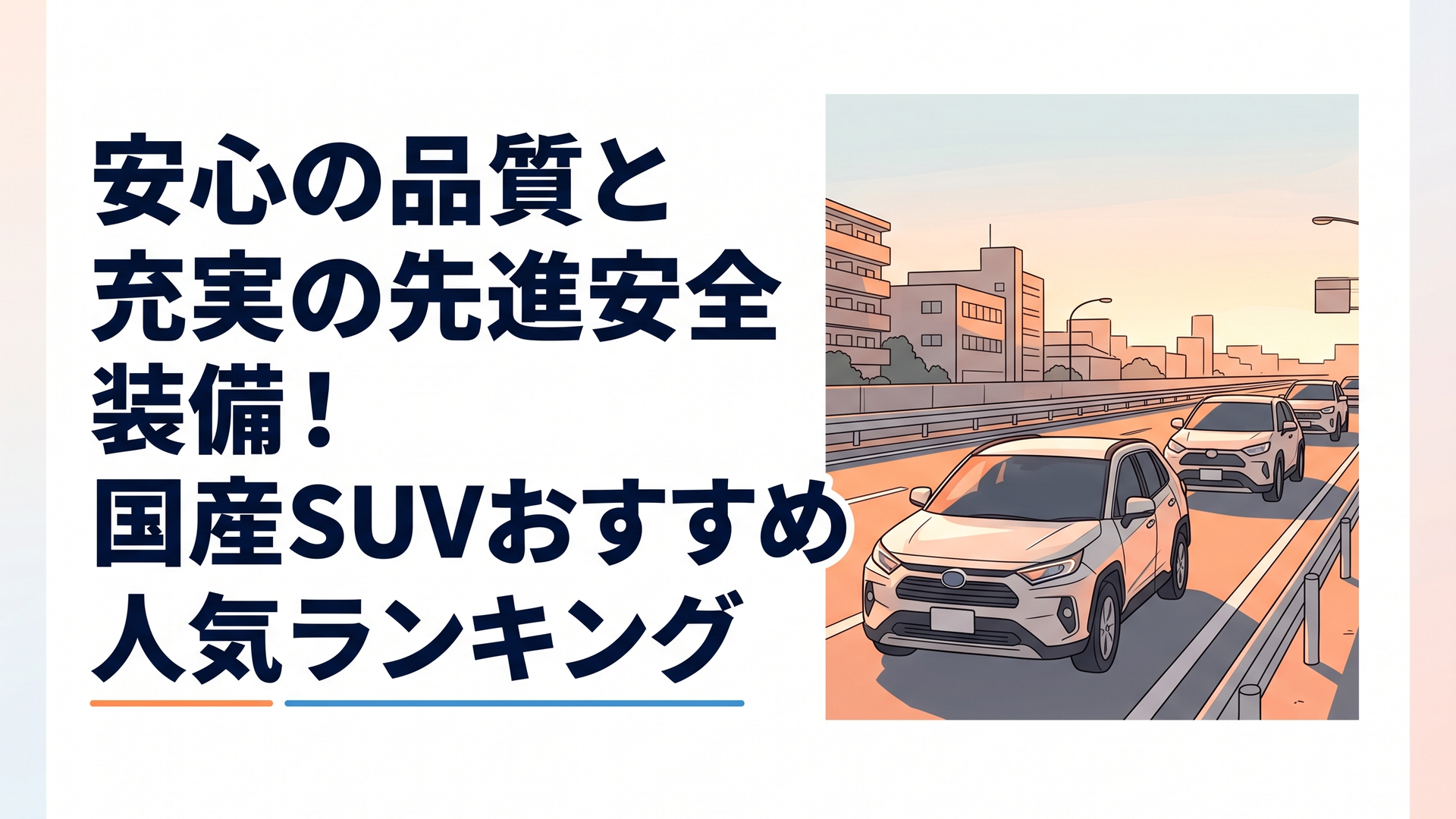 最新の国産ハイブリッドSUVが整然と並び夕暮れの幹線道路を滑らかに進む走行シーン